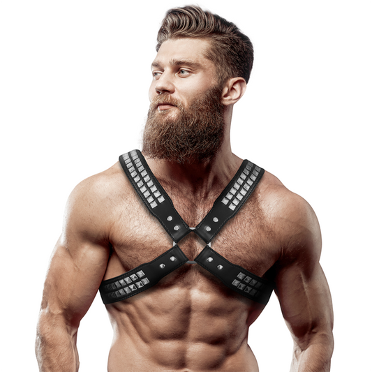 FETISH SUBMISSIVE ATTITUDE - HARNAIS EN CUIR ÉCOLOGIQUE POUR HOMMES  POITRINE CROISÉE AVEC RIVETS