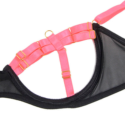 SUBBLIME - 955298 ENSEMBLE SOUTIEN-GORGE AVEC COLLIER ET DÉTAILS DE JAMBES ROSE FLUORESCENT S/M