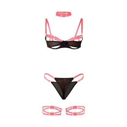 SUBBLIME - 955304 ENSEMBLE SOUTIEN-GORGE AVEC COLLIER ET DÉTAILS DE JAMBES ROSE FLUORESCENT L/XL