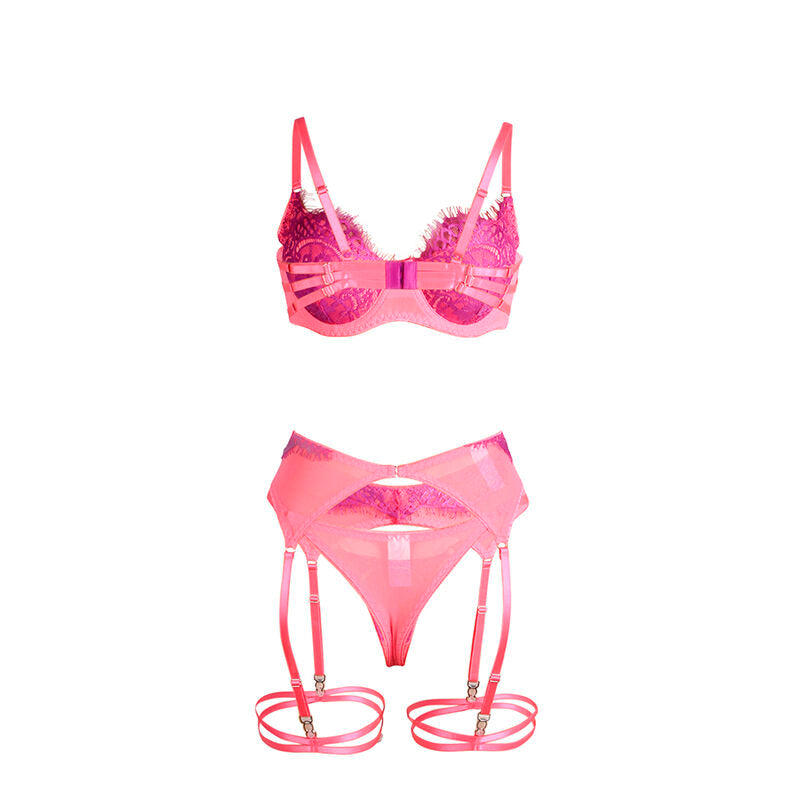 SUBBLIME - 955366 ENSEMBLE SOUTIEN-GORGE AVEC LIGNES DE DENTELLE ET JARRETELLES ROSE ET VIOLET L/XL