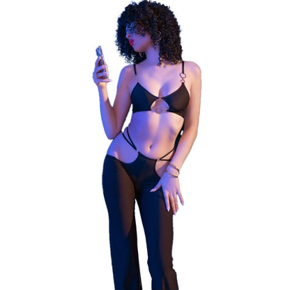 CHILIROSE - CR 4851 ENSEMBLE TOP ET LEGGINGS NOIRS AVEC ACCESSOIRES DORÉS M