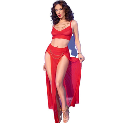 CHILIROSE - CR 4850 ENSEMBLE TOP ET LEGGINGS ROUGE AVEC ACCESSOIRES DORÉS L