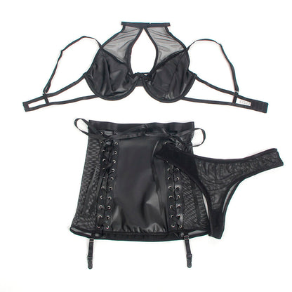 SUBBLIME - 957582 ENSEMBLE SOUTIEN-GORGE ET JUPE EN CUIR NOIR S/M