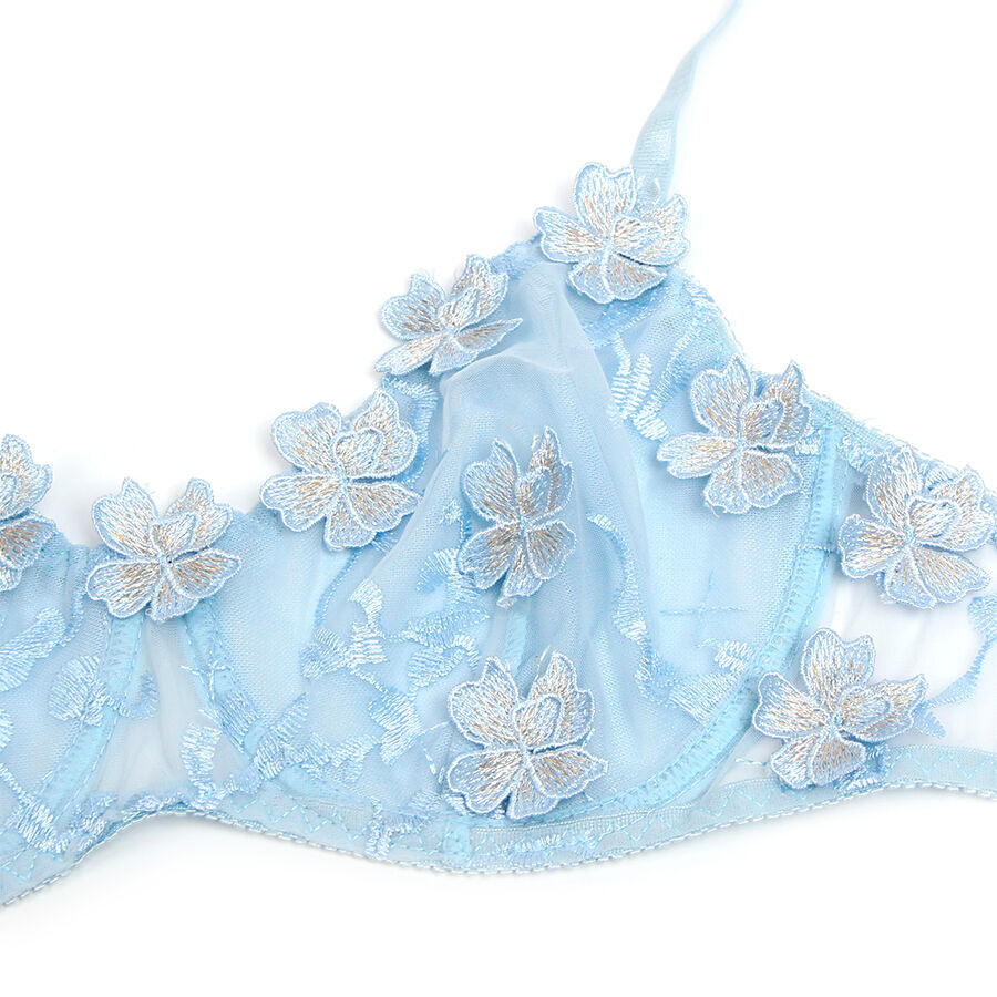 SUBBLIME - 957636 ENSEMBLE SOUTIEN-GORGE ET CULOTTE BRODÉS DE FLEURS BLEU CIEL L/XL