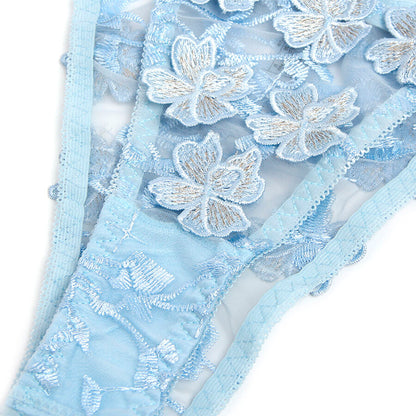 SUBBLIME - 957636 ENSEMBLE SOUTIEN-GORGE ET CULOTTE BRODÉS DE FLEURS BLEU CIEL L/XL